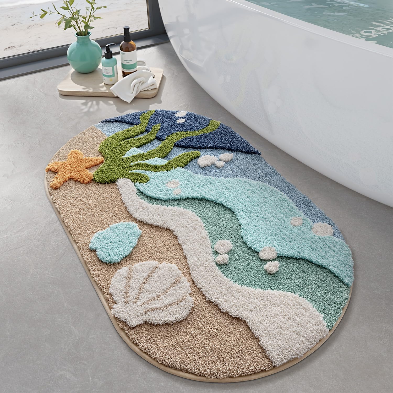 LUMI bath rug front view showing coastal design and soft comfort