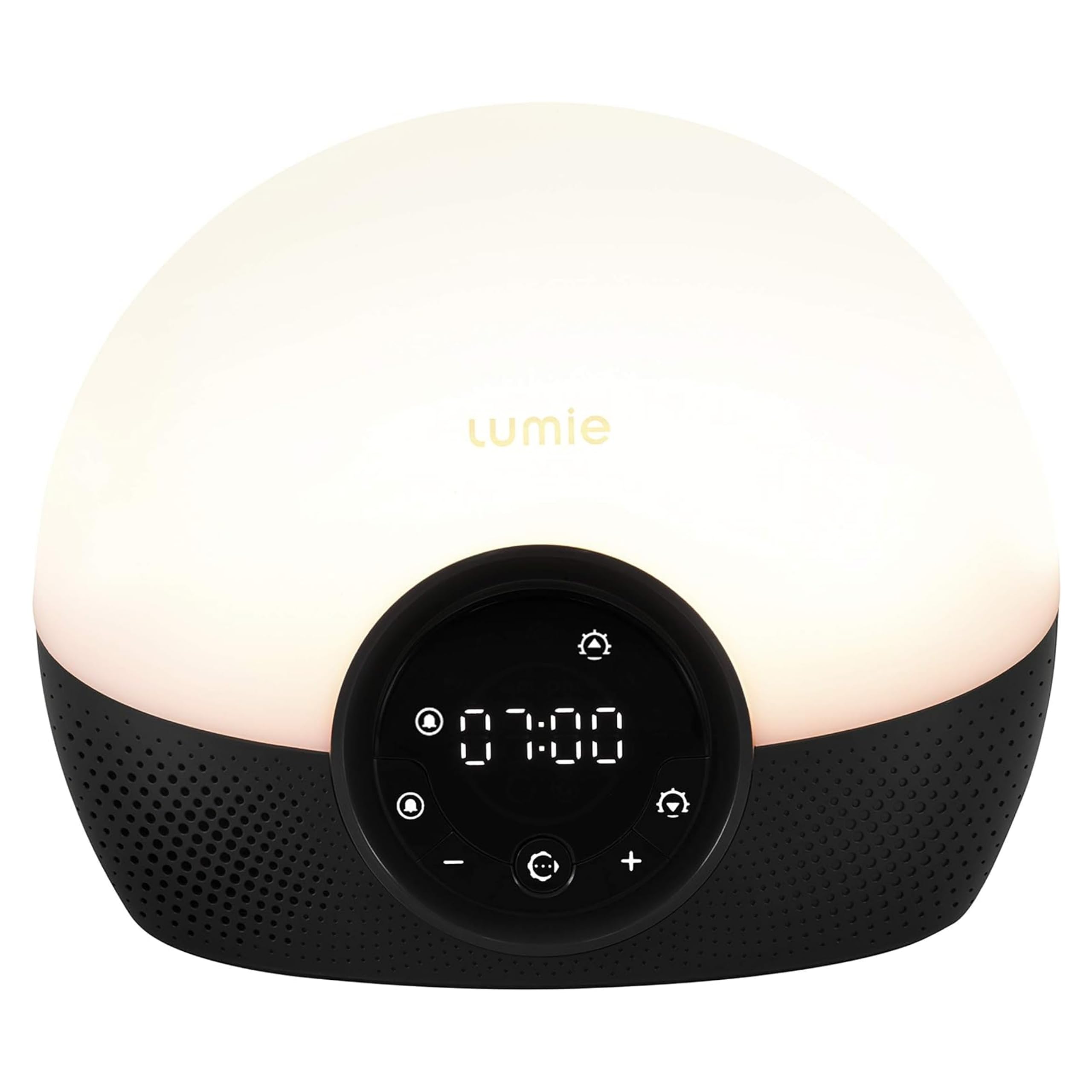 Lumie Bodyclock Glow 150 front view showing warm LEDs and compact design, promotes gentle wakeups