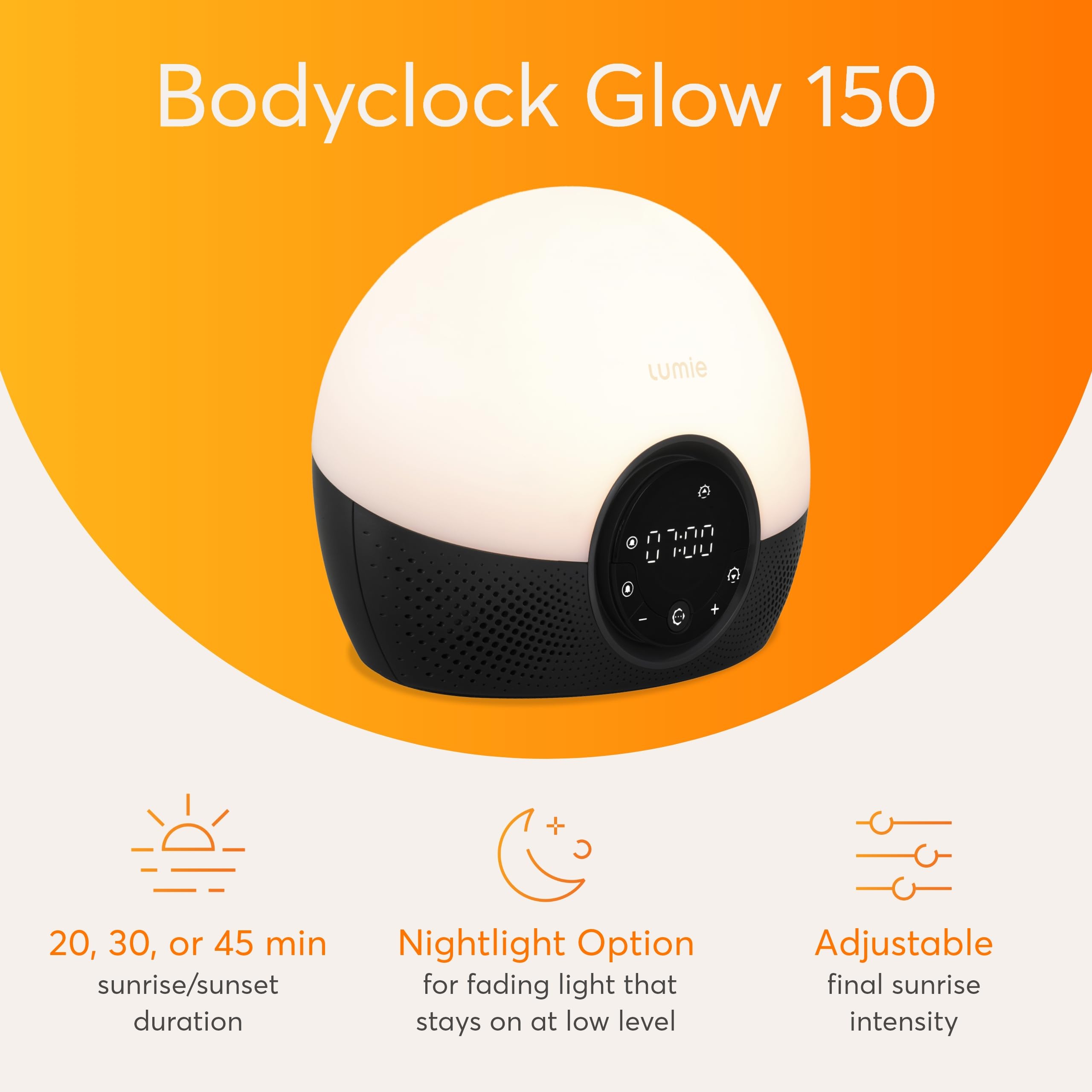Lumie Bodyclock Glow 150 side profile emphasizing slim shape and bedside placement benefit