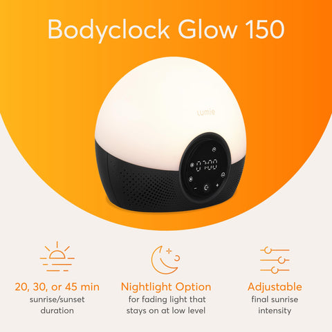 Lumie Bodyclock Glow 150 side profile emphasizing slim shape and bedside placement benefit