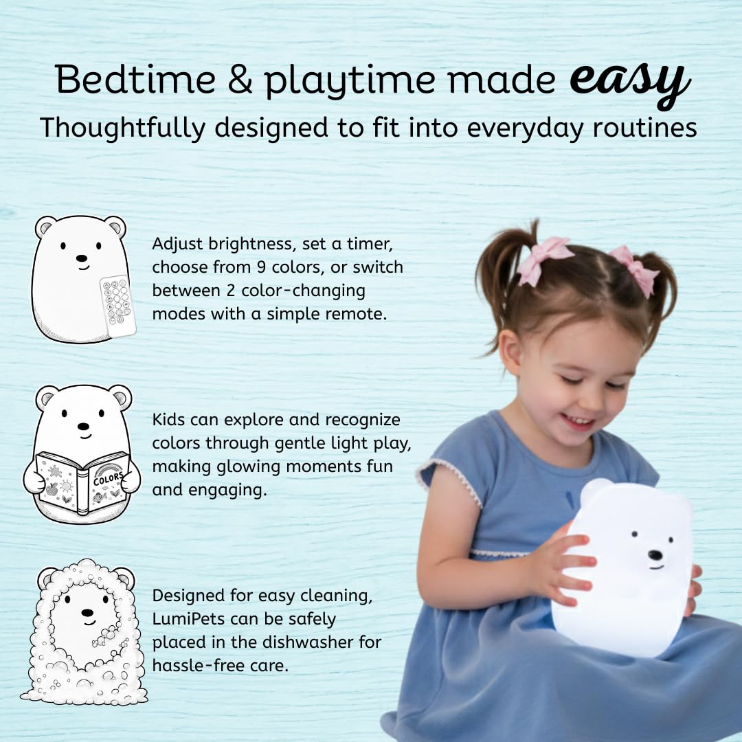Lumipets bear held in hand showing size and portable convenience