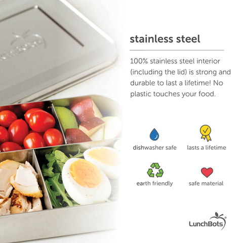 LunchBots Cinco close-up of 18/8 stainless steel interior for durable safe-eating benefit