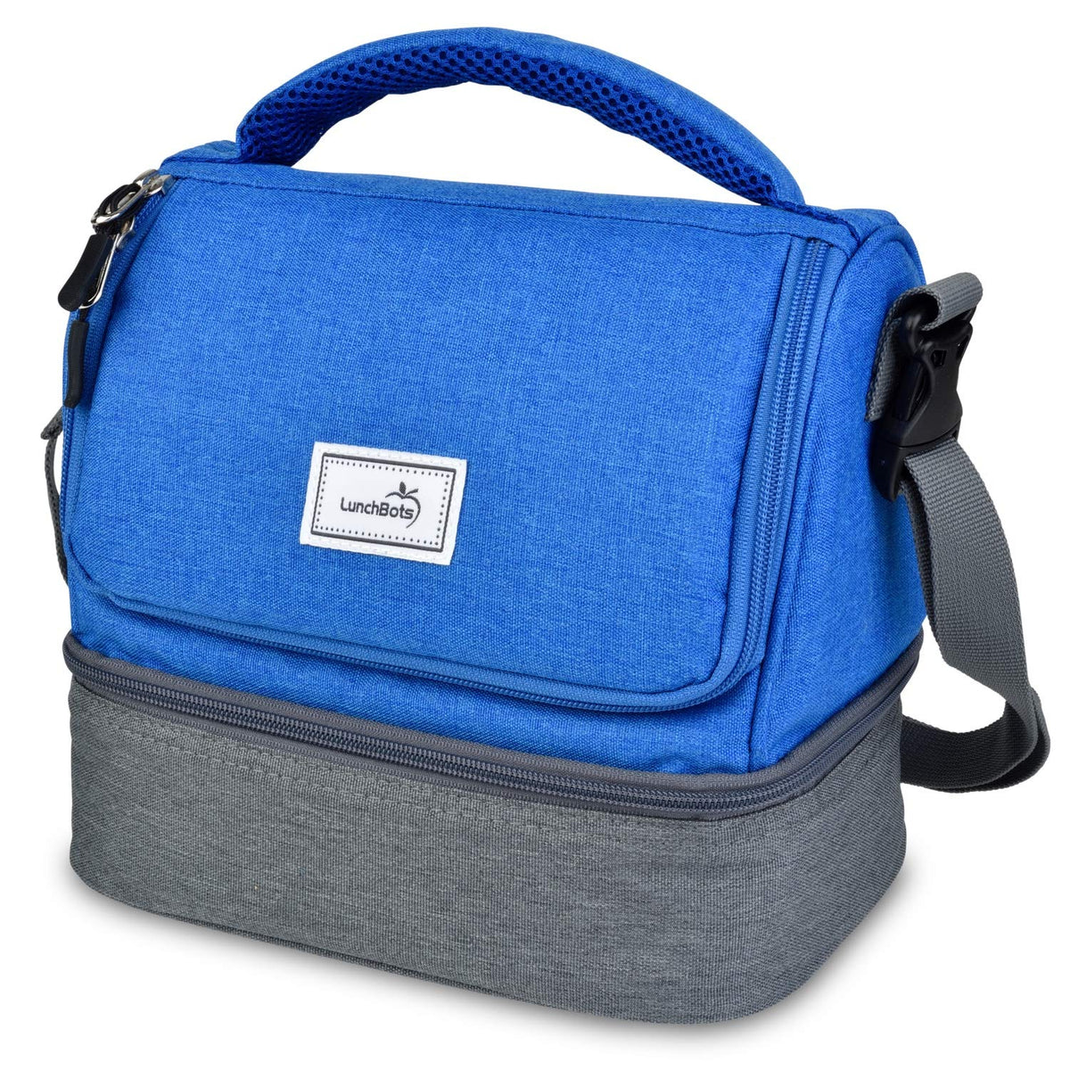LunchBots front view of blue Duplex bag shows compact benefit