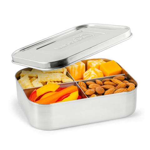 LunchBots medium quad front view showing durable stainless steel and colorful lid for easy recognition