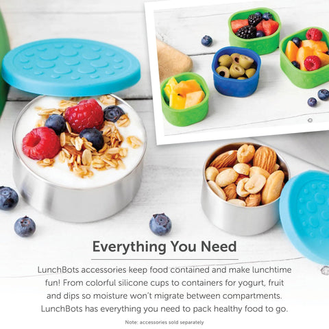LunchBots medium quad on school table in lifestyle scene showing kid-ready convenience