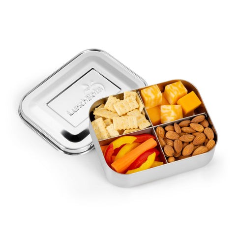 LunchBots medium quad open top flatlay illustrating four compartments and meal organization benefits