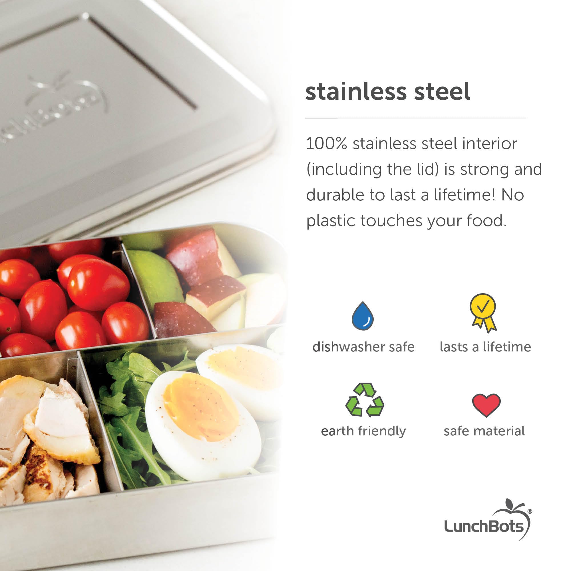 LunchBots stainless steel closeup highlighting durable 18/8 steel