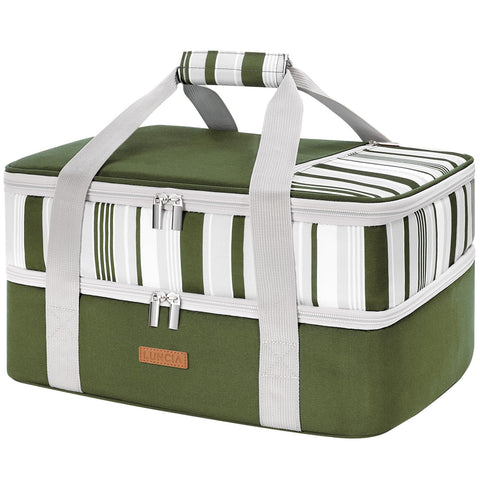 LUNCIA front view of insulated casserole carrier showing durable exterior and handles for easy transport