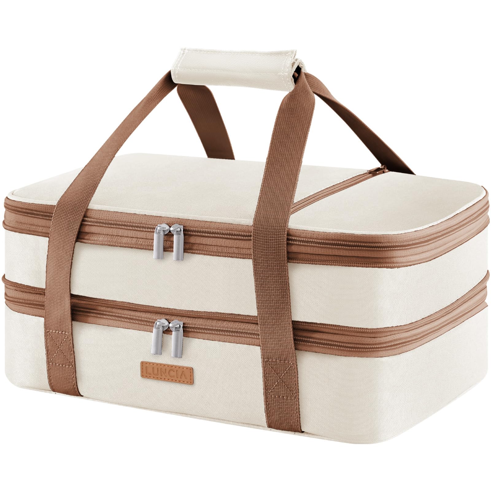 LUNCIA front view of double-decker casserole tote showing compartments and durable exterior