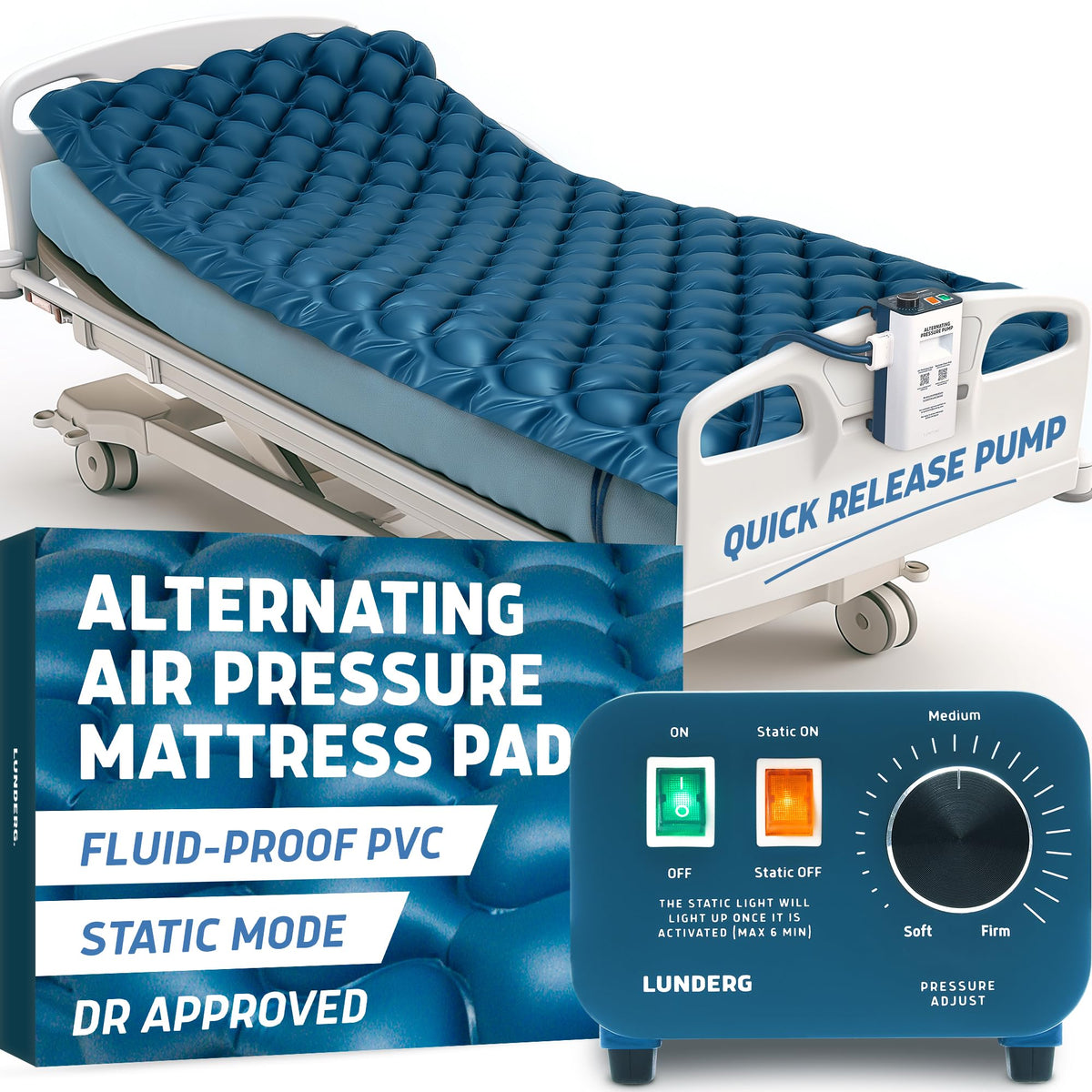 Lunderg front view of mattress pad showing full-length cells and fit, improves pressure relief