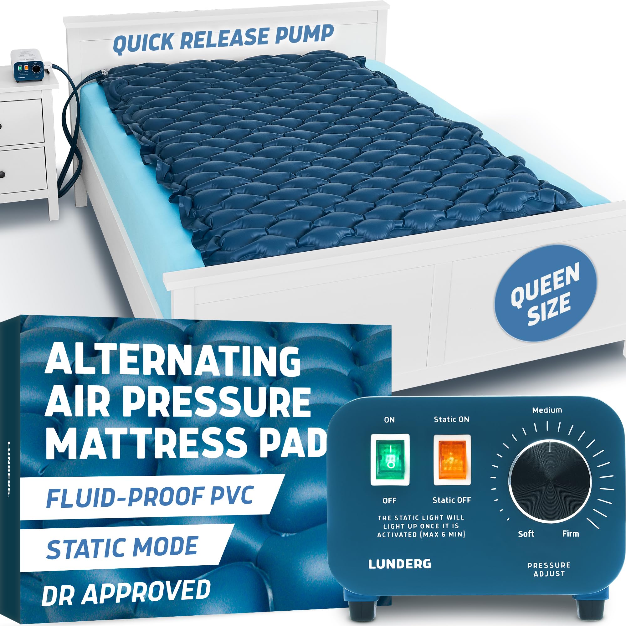 Lunderg front view of queen pad showing full coverage and bedside fit benefit