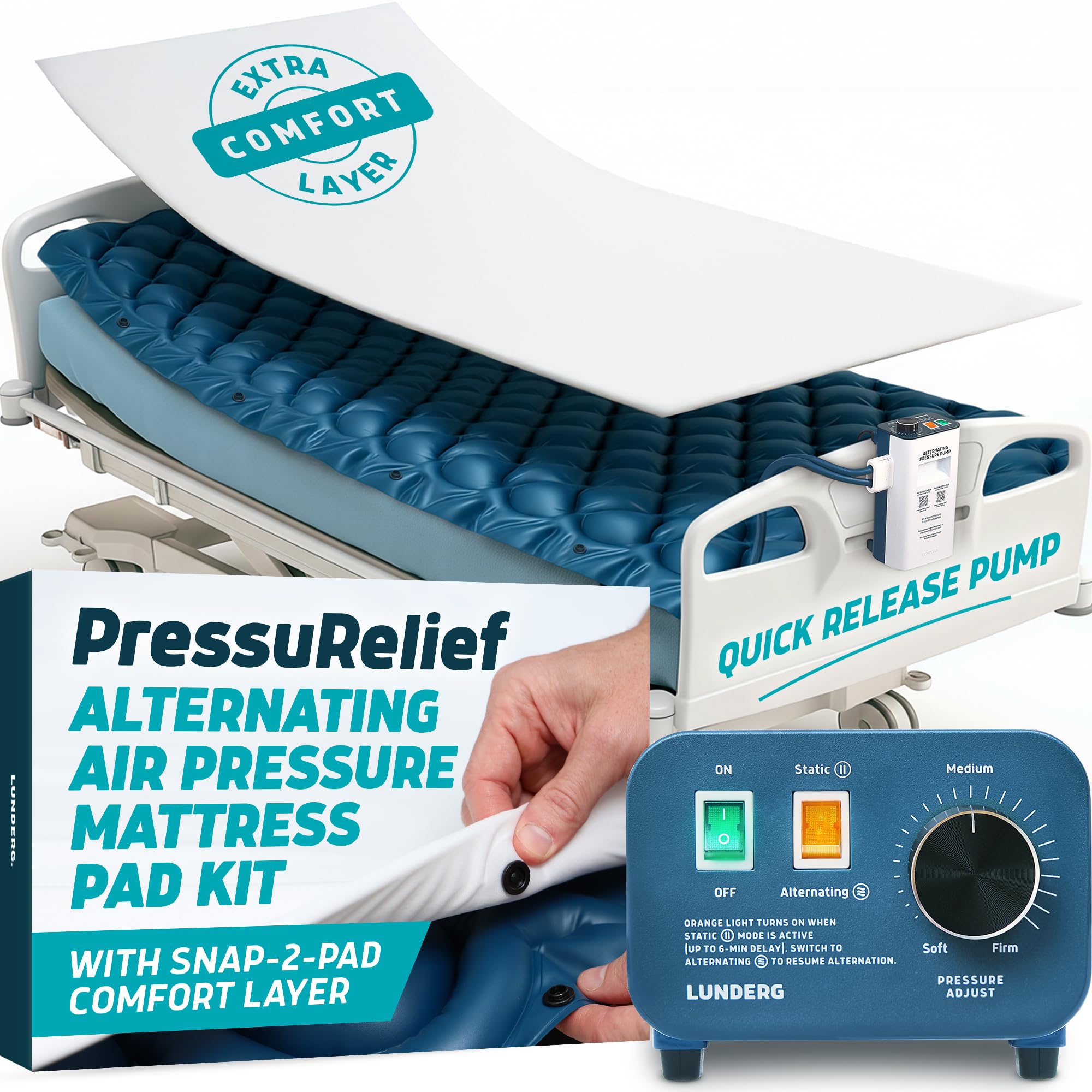 Lunderg pressurelief front view showing pad and comfort layer for cozy support