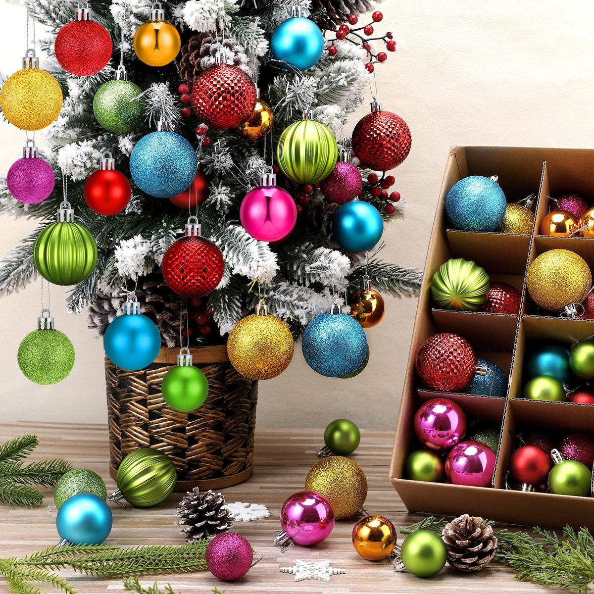 Lunmon front packaging showing 64 neon baubles for instant festive impact