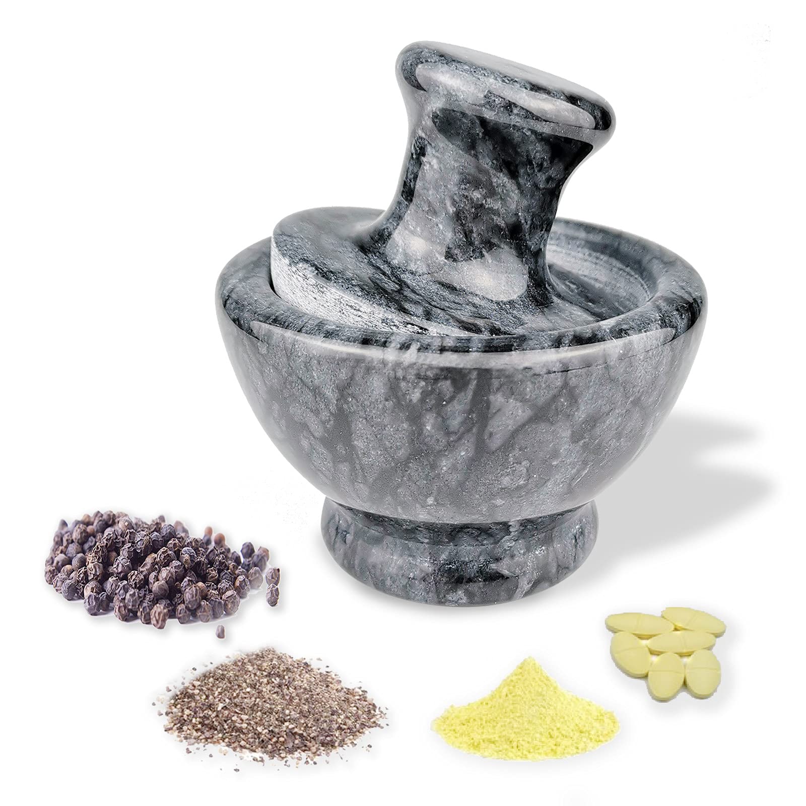 LUOLAO front view of marble mortar and pestle showing elegant finish and compact size