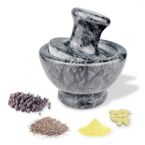 LUOLAO front view of marble mortar and pestle showing elegant finish and compact size