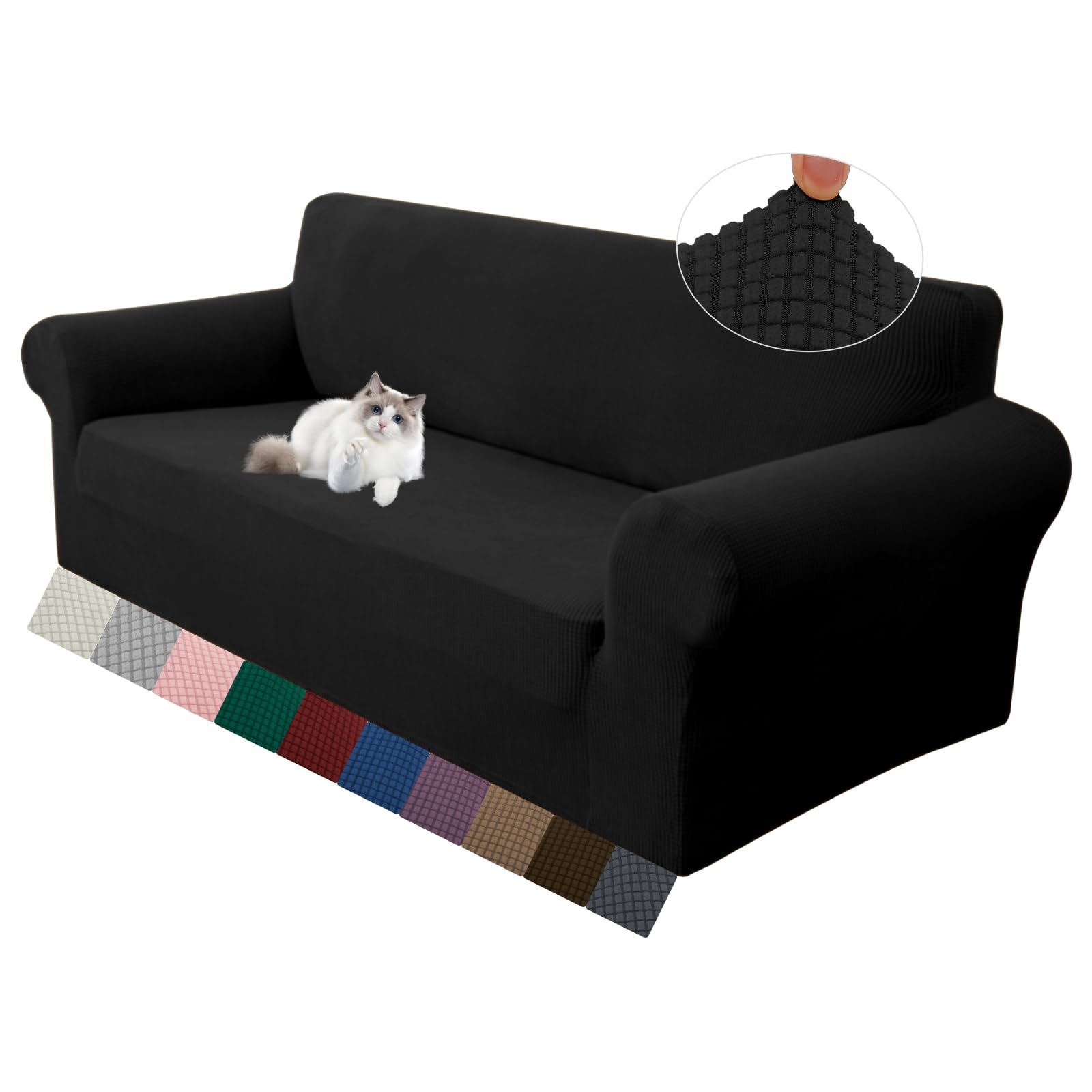 LURKA front view on loveseat showing smooth black tailored fit and refreshed look
