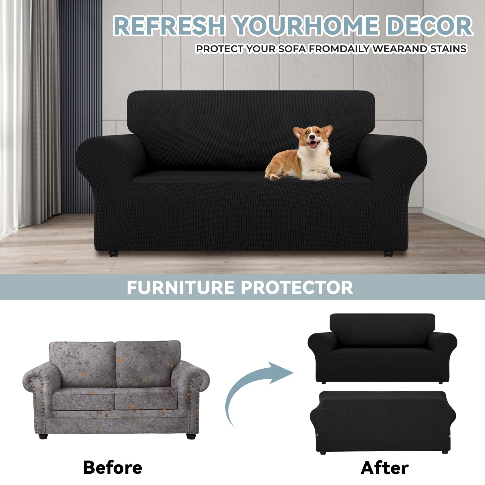 LURKA loveseat cover with dog on sofa showing pet-friendly protection and easy cleaning