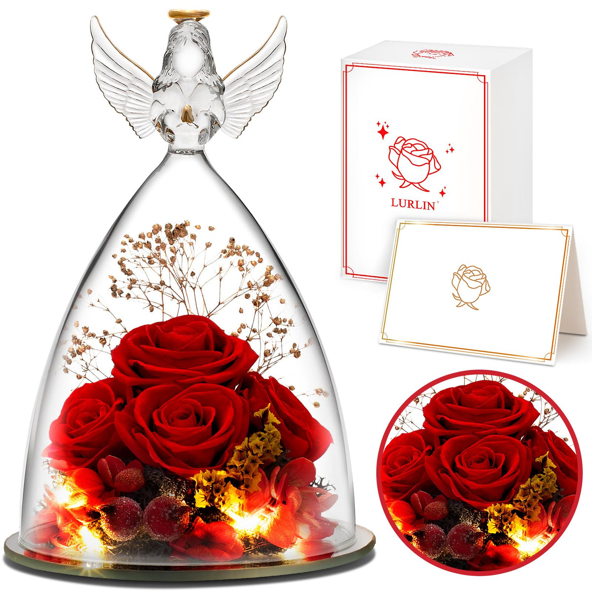 LURLIN front view glass angel with preserved rose showing elegant gift presentation