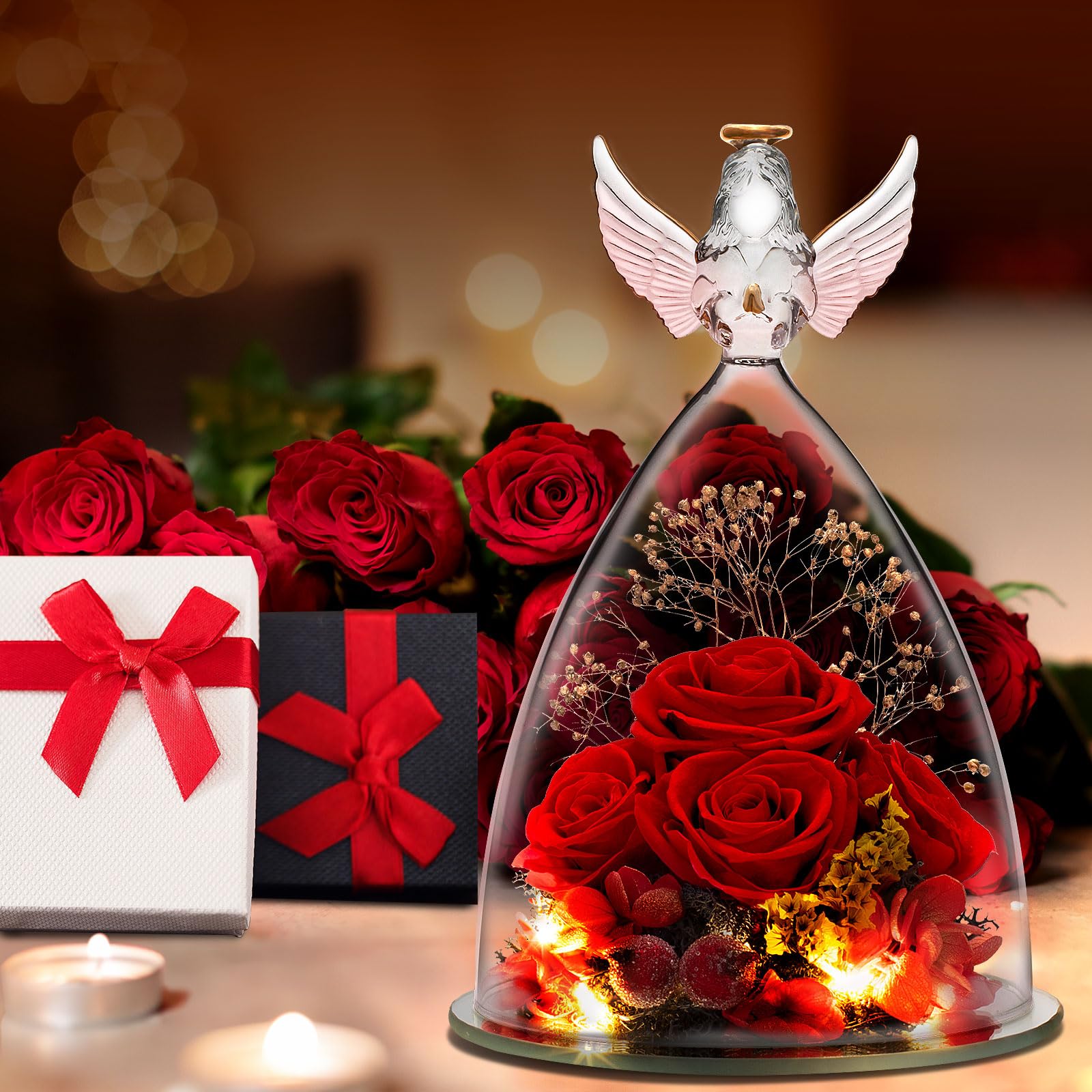 LURLIN LED lit rose in glass angel creating warm ambient lighting