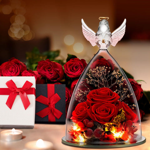 LURLIN LED lit rose in glass angel creating warm ambient lighting