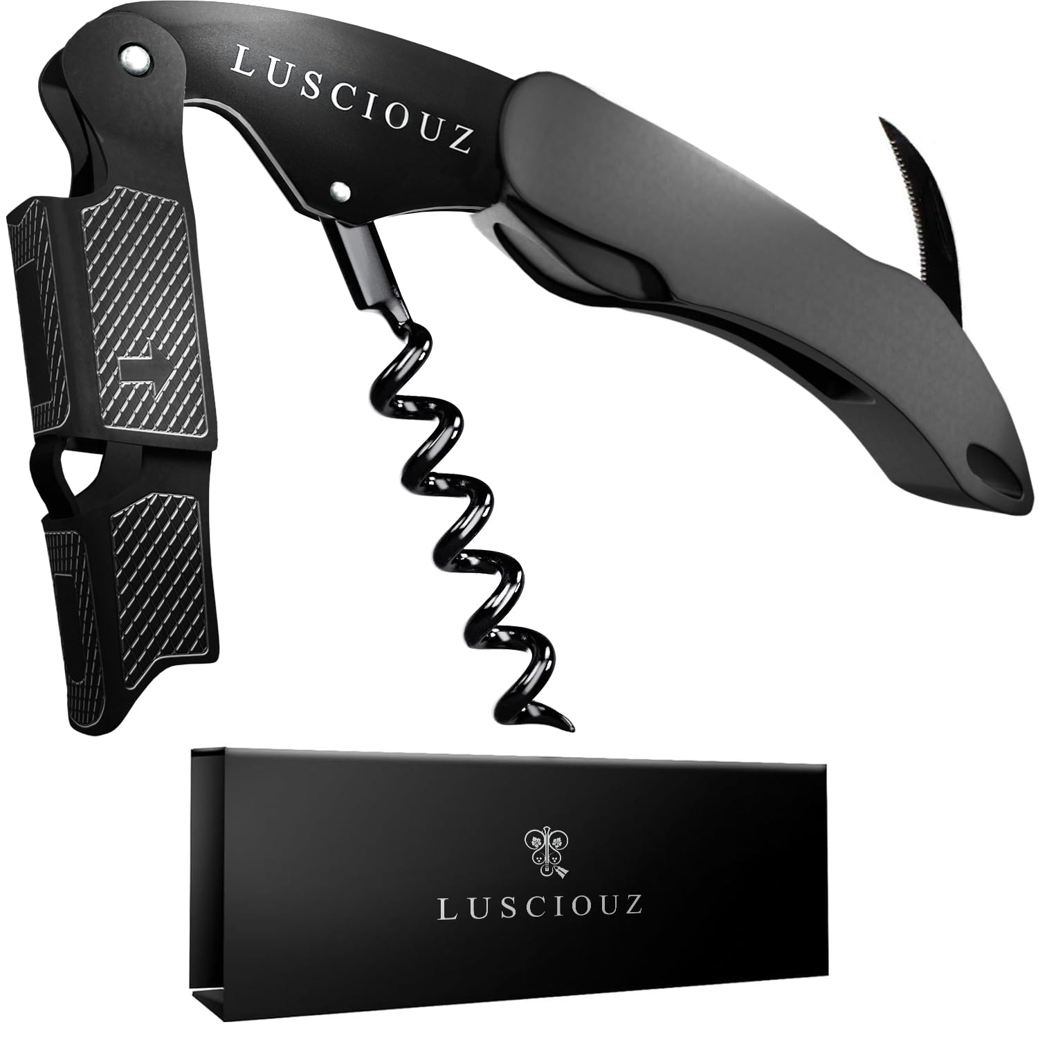 Lusciouz front view of black corkscrew showing sleek compact design and professional finish