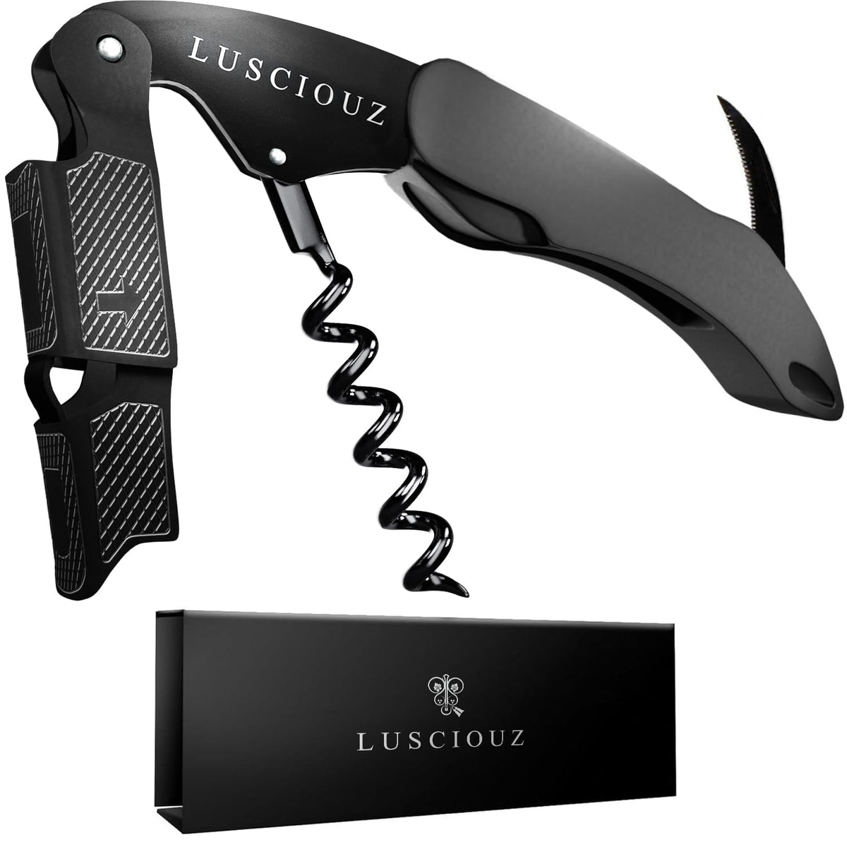 Lusciouz front view of black corkscrew showing sleek compact design and professional finish
