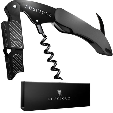 Lusciouz front view of black corkscrew showing sleek compact design and professional finish