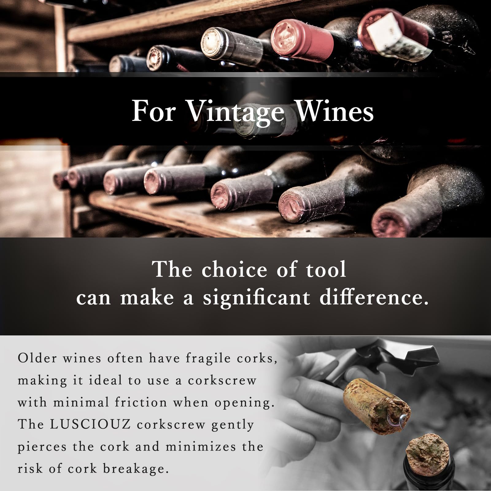 Lusciouz corkscrew staged on a bar with wine bottle showing polished look and usability