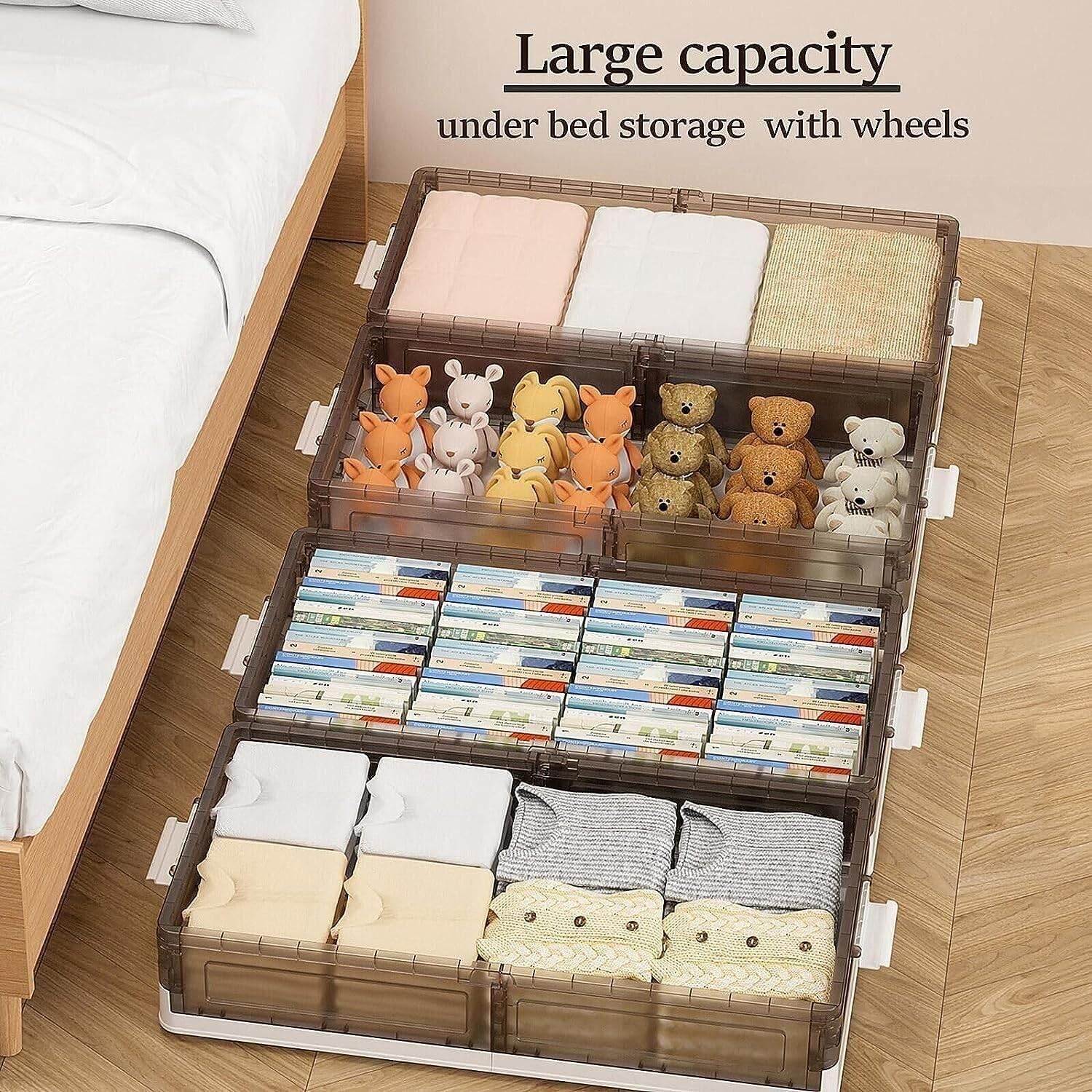 Luseba bin slid out from under bed illustrating space-saving benefit