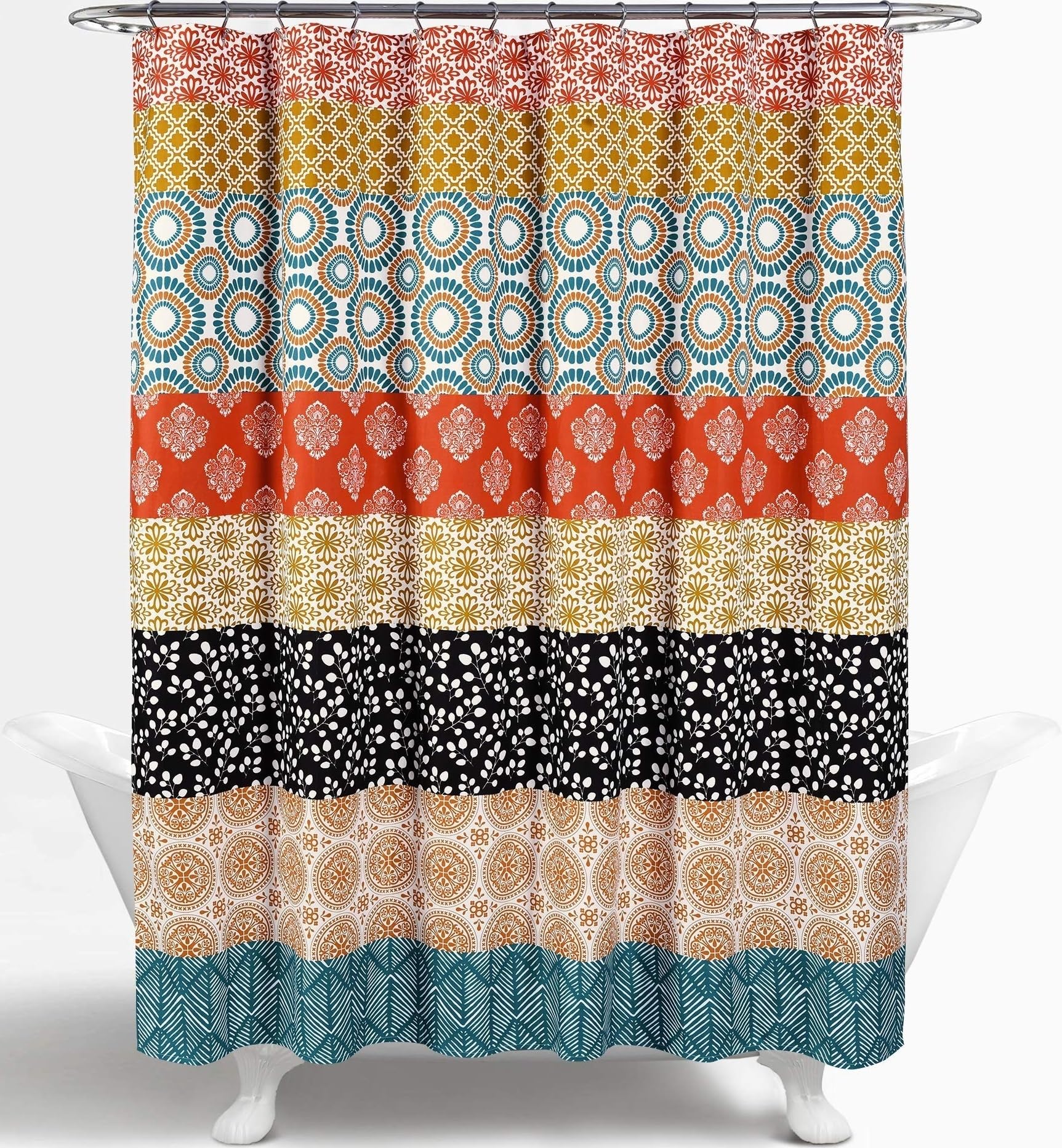 Lush Decor front view of bohemian stripe shower curtain shows vibrant pattern and bright colors