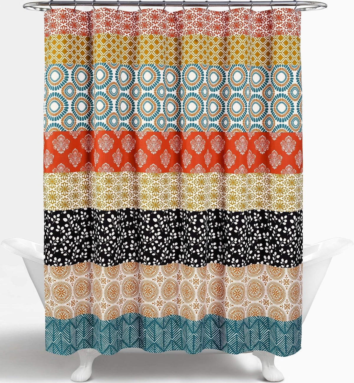 Lush Decor front view of bohemian stripe shower curtain shows vibrant pattern and bright colors