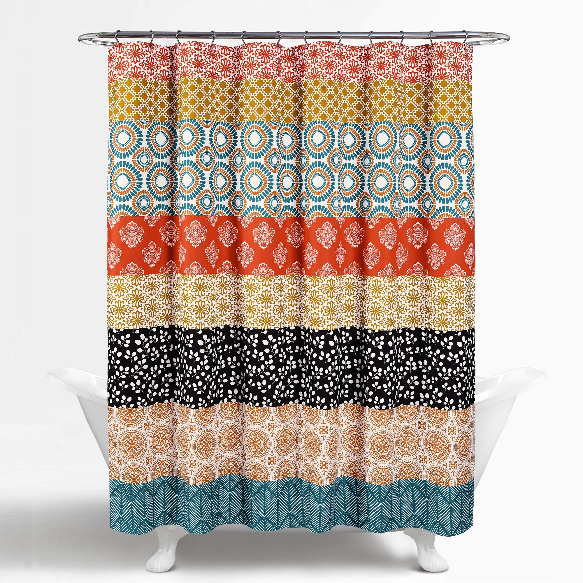 Lush Decor lifestyle bathroom display shows curtain creating colorful boho focal point