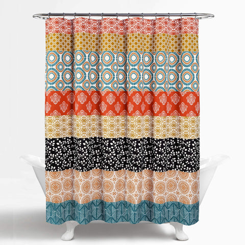 Lush Decor lifestyle bathroom display shows curtain creating colorful boho focal point