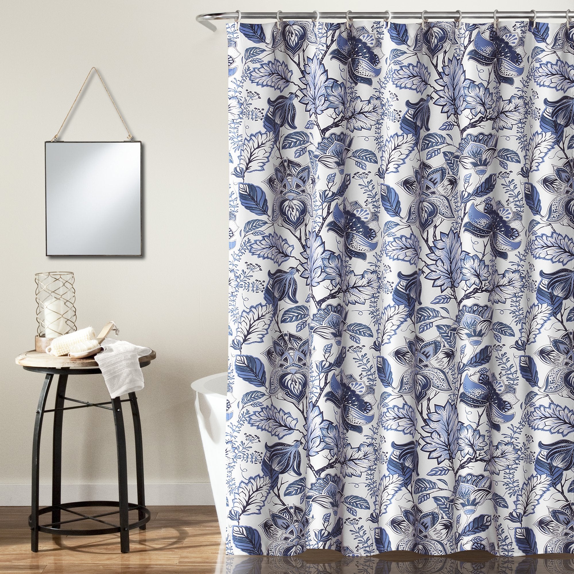 Lush Decor Cynthia Jacobean front view showing blue floral design and full curtain effect