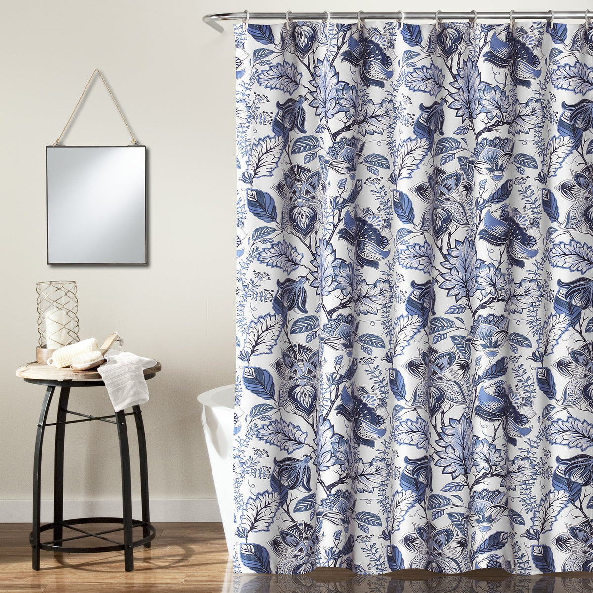 Lush Decor Cynthia Jacobean front view showing blue floral design and full curtain effect