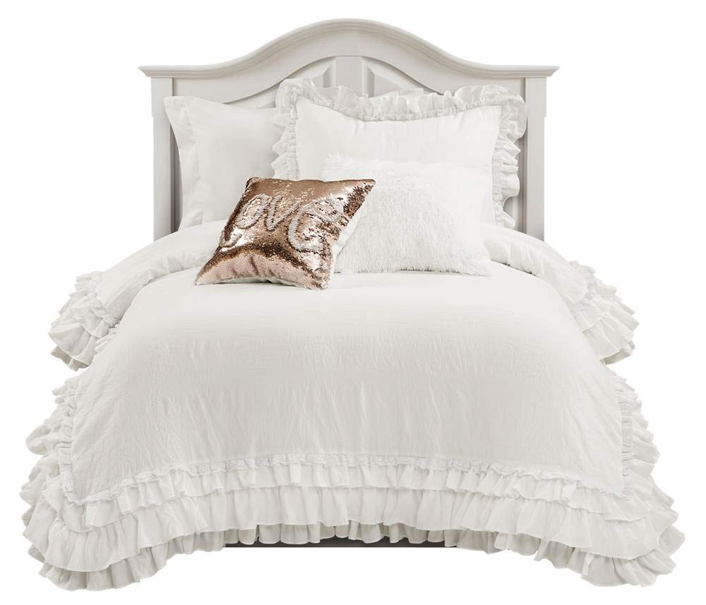 Lush Decor front view of Ella comforter on twin bed shows romantic ruffled styling and neutral tone