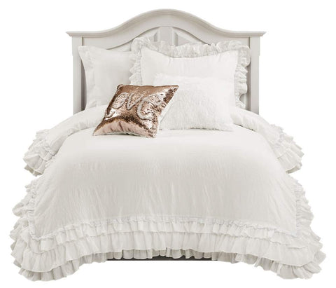 Lush Decor front view of Ella comforter on twin bed shows romantic ruffled styling and neutral tone