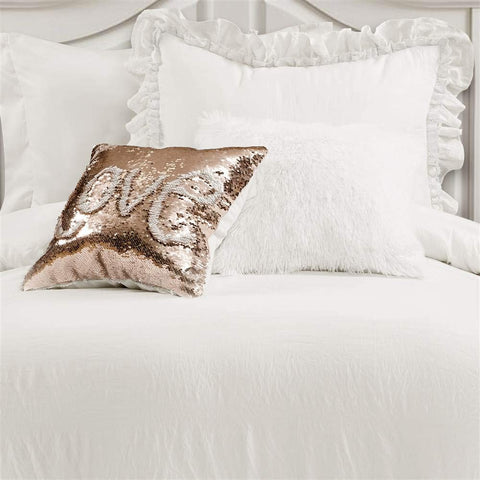 Lush Decor Ella comforter on twin bed with ruler for scale showing true twin dimensions and fit