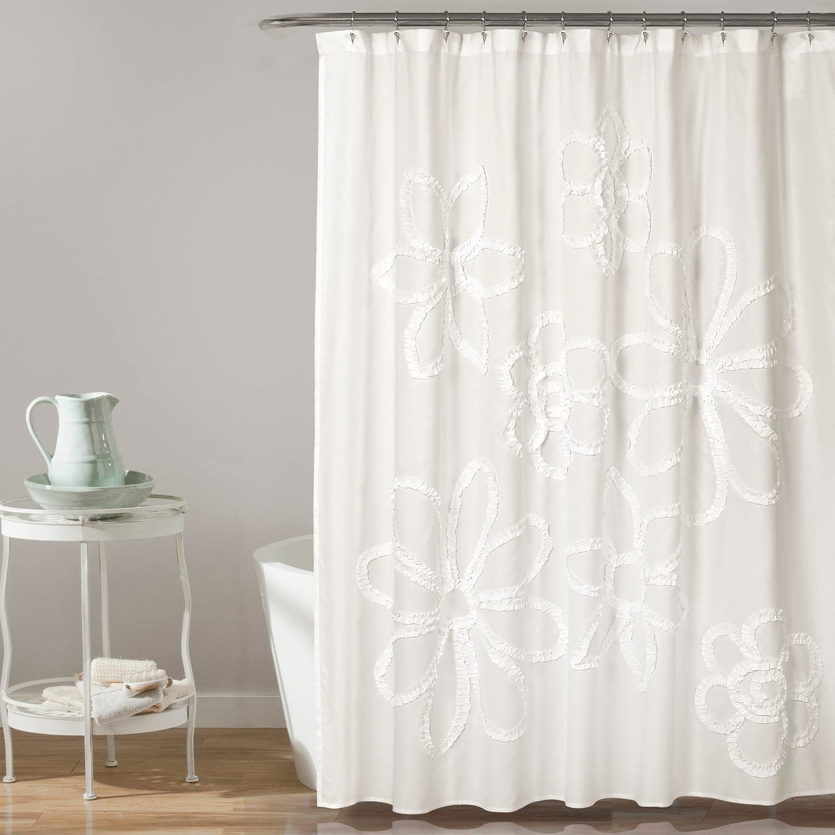 Lush Decor front panel showing white ruffle flower texture and soft microfiber benefits