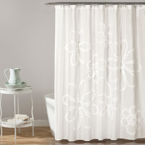 Lush Decor front panel showing white ruffle flower texture and soft microfiber benefits