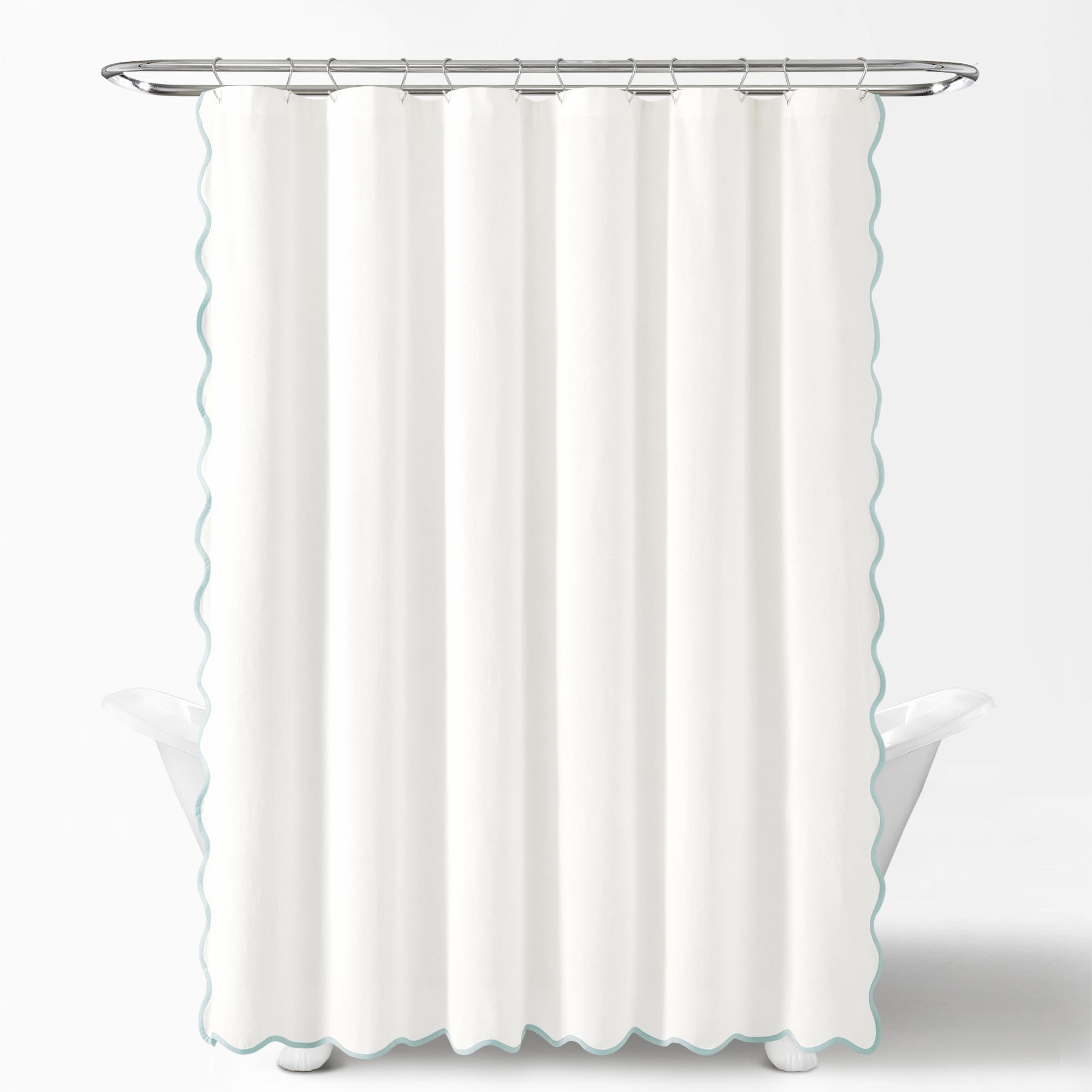 Lush Decor curtain hung on rod in bathroom creates calm resort feel