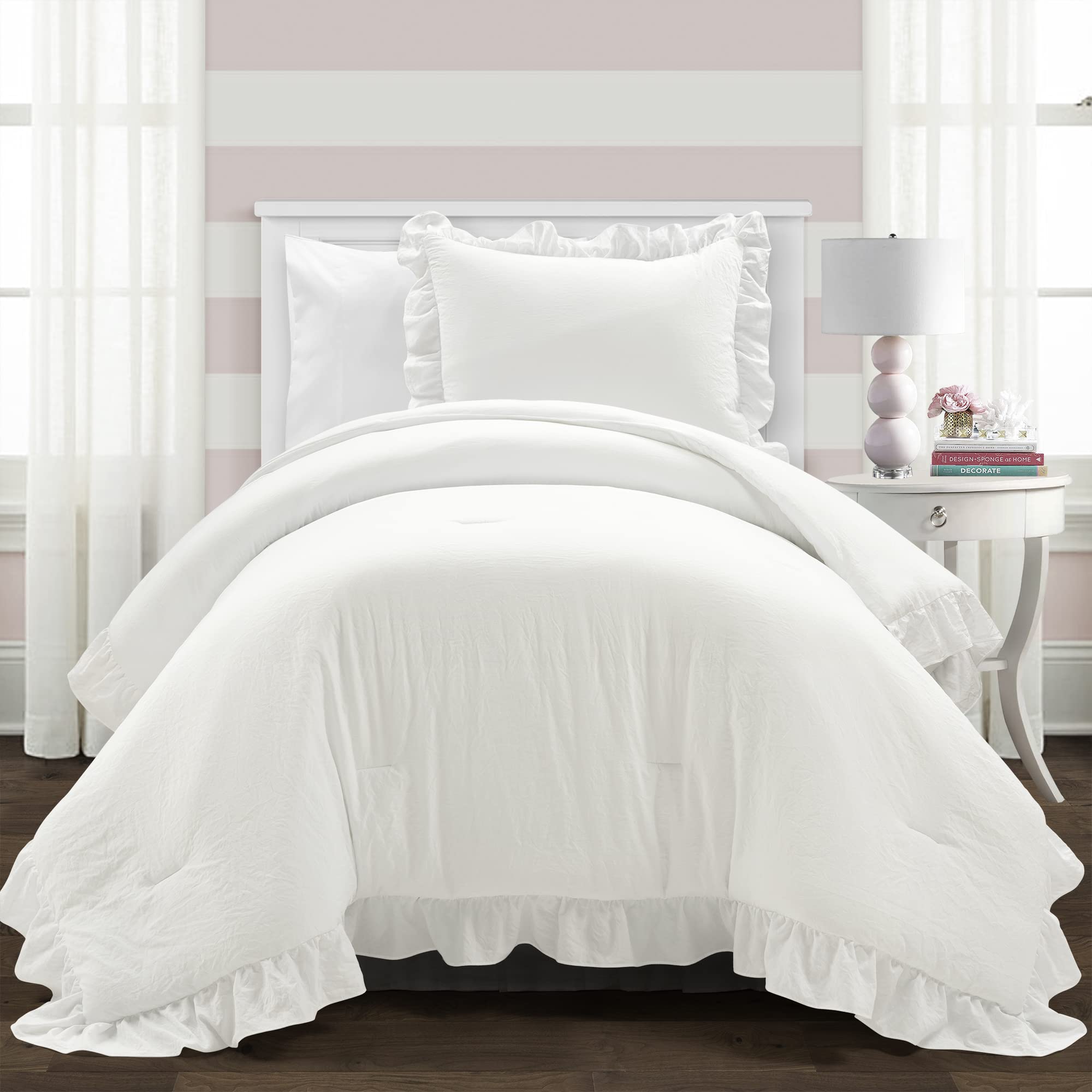 Lush Decor Reyna front view comforter showing clean white ruffles and cozy appeal