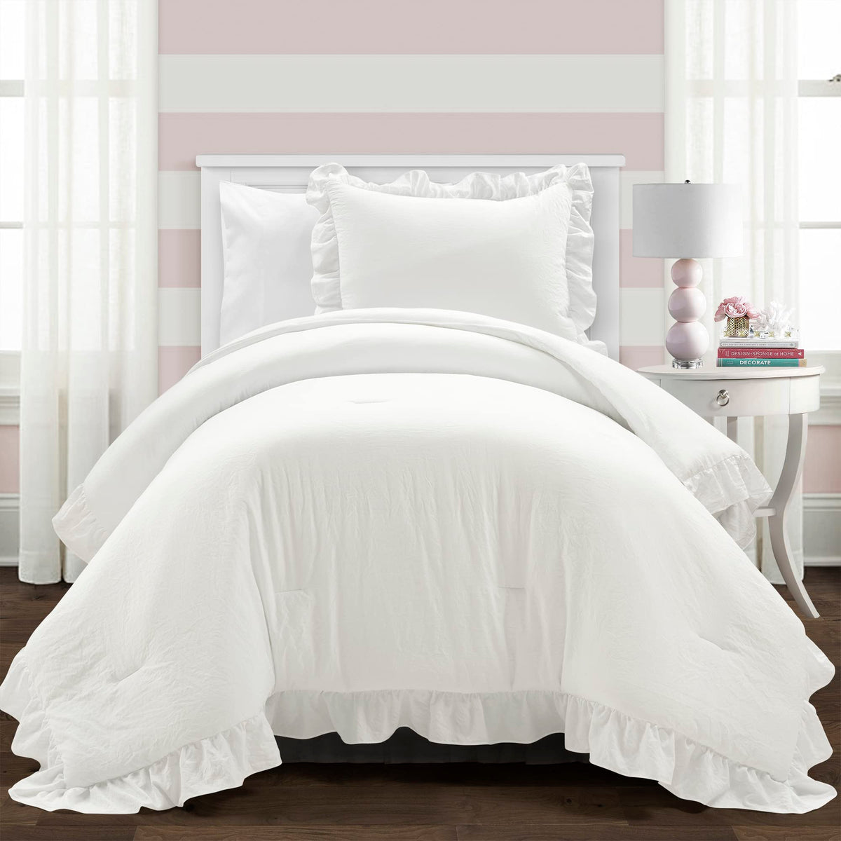 Lush Decor Reyna front view comforter showing clean white ruffles and cozy appeal