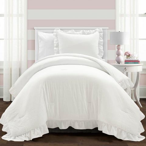 Lush Decor Reyna front view comforter showing clean white ruffles and cozy appeal