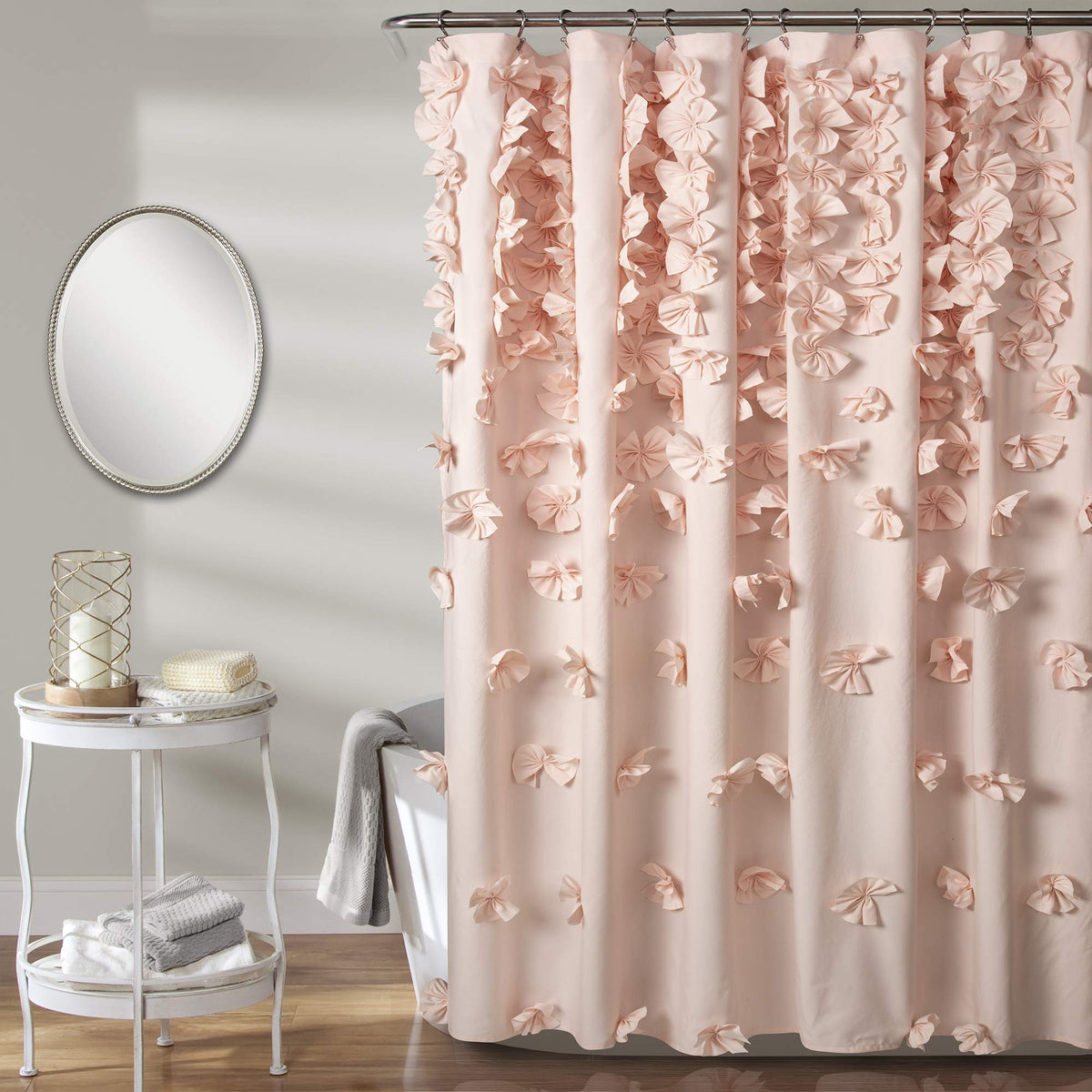 Lush Decor Riley front view showing blush bows and soft microfiber, adds romantic charm