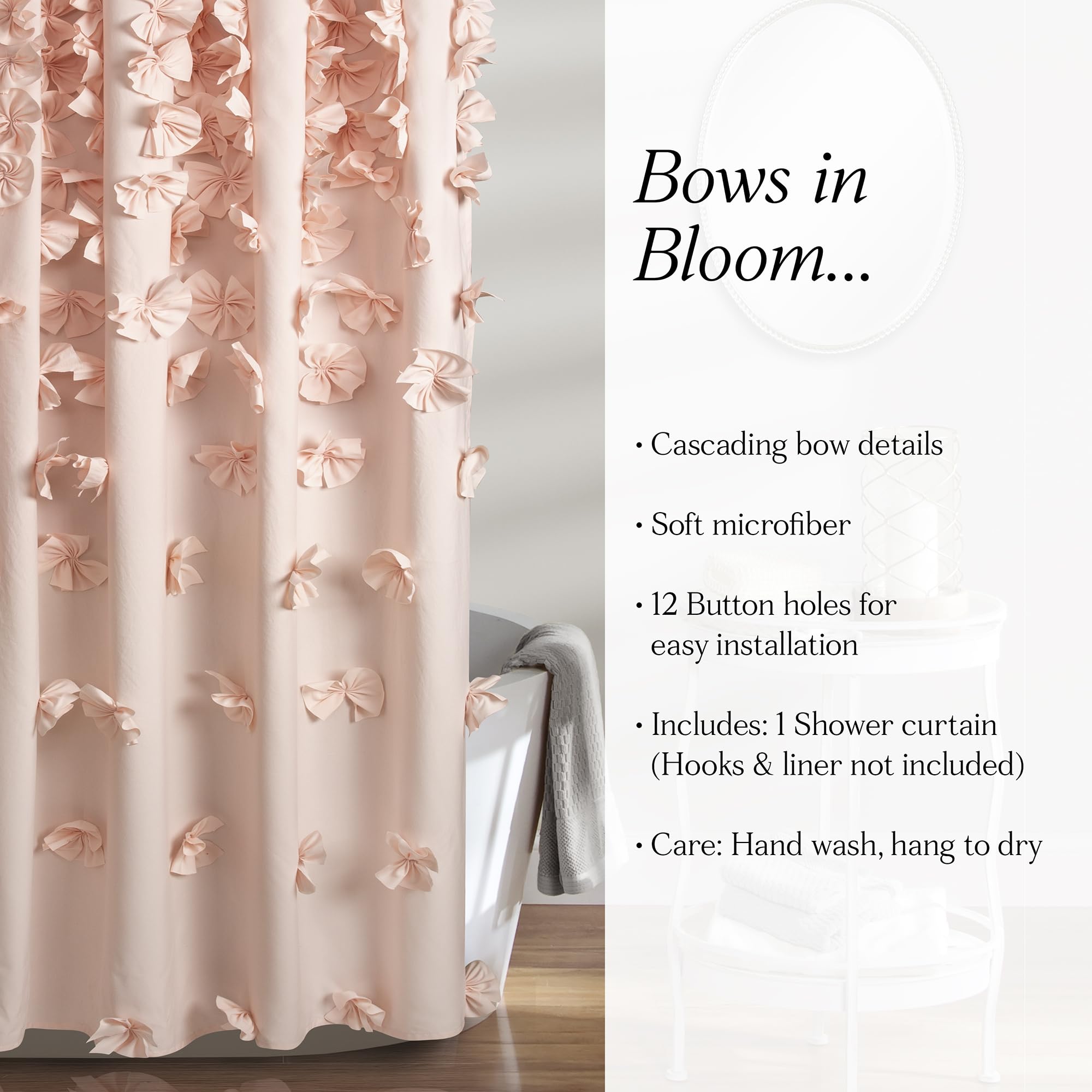 Lush Decor Riley next to bathtub showing 72 by 72 inch scale and full coverage