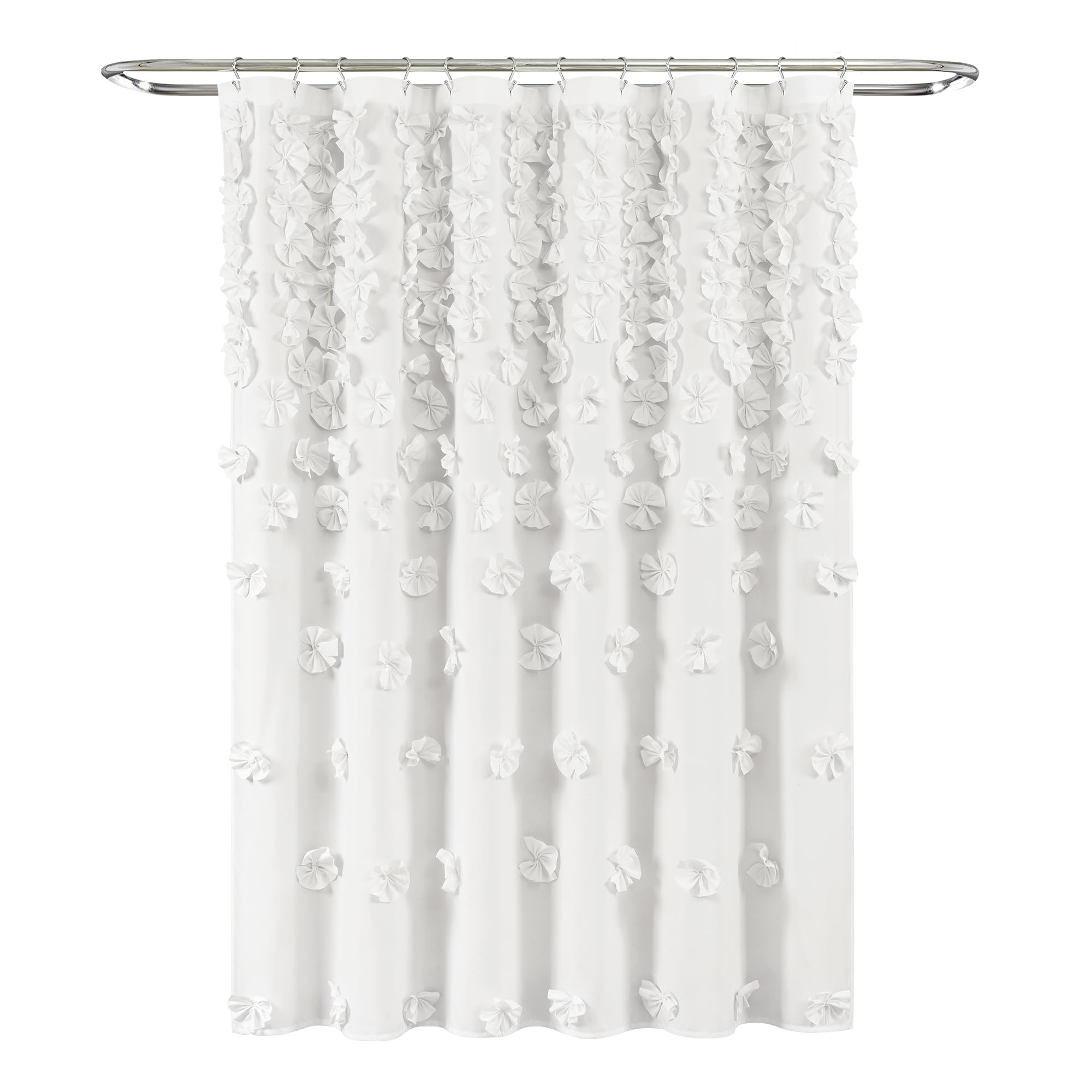 Lush Decor Riley beside a tub to show size and standard 72 by 72 inch fit