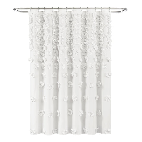 Lush Decor Riley beside a tub to show size and standard 72 by 72 inch fit