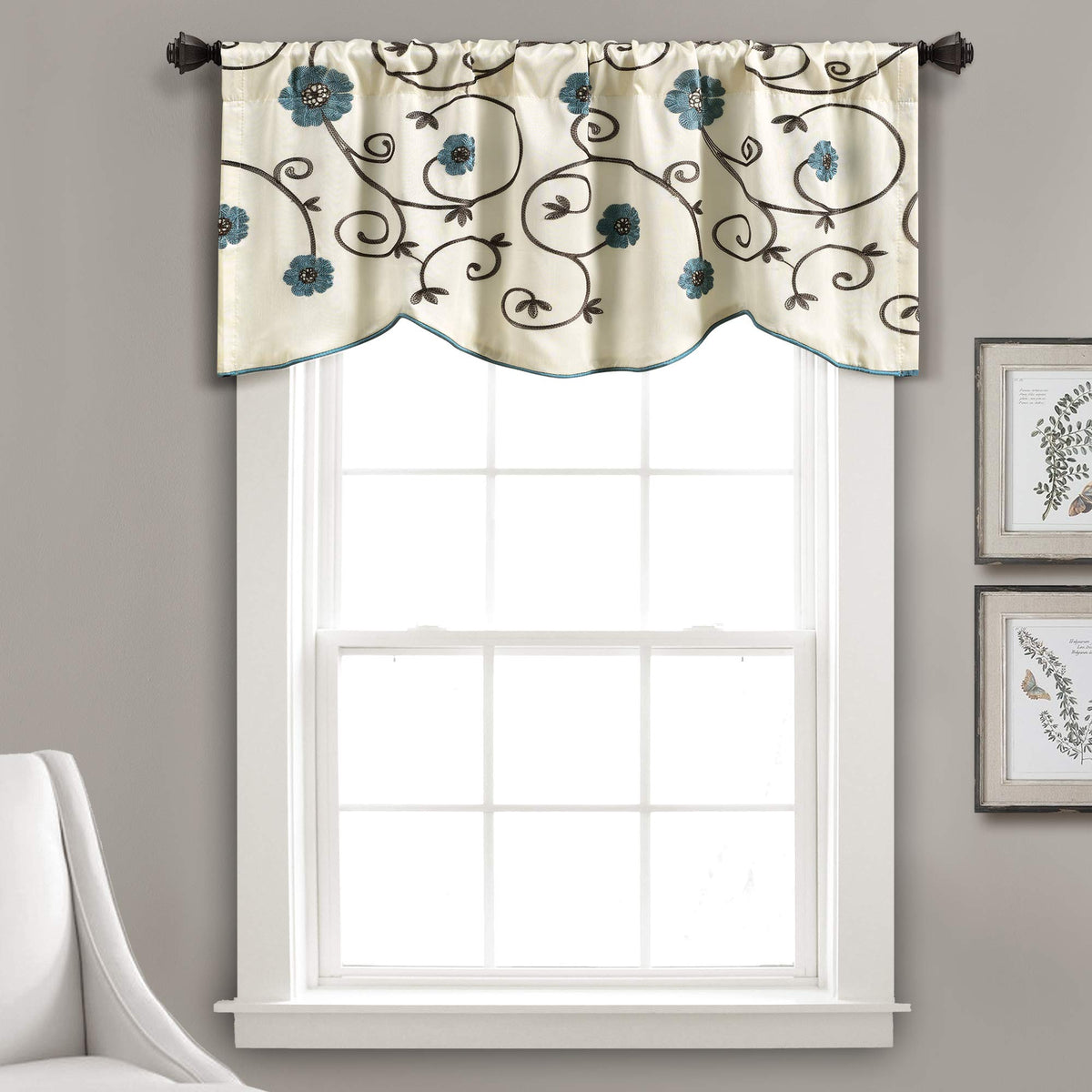 Lush Decor valance front view showing blue floral pattern and overall fit