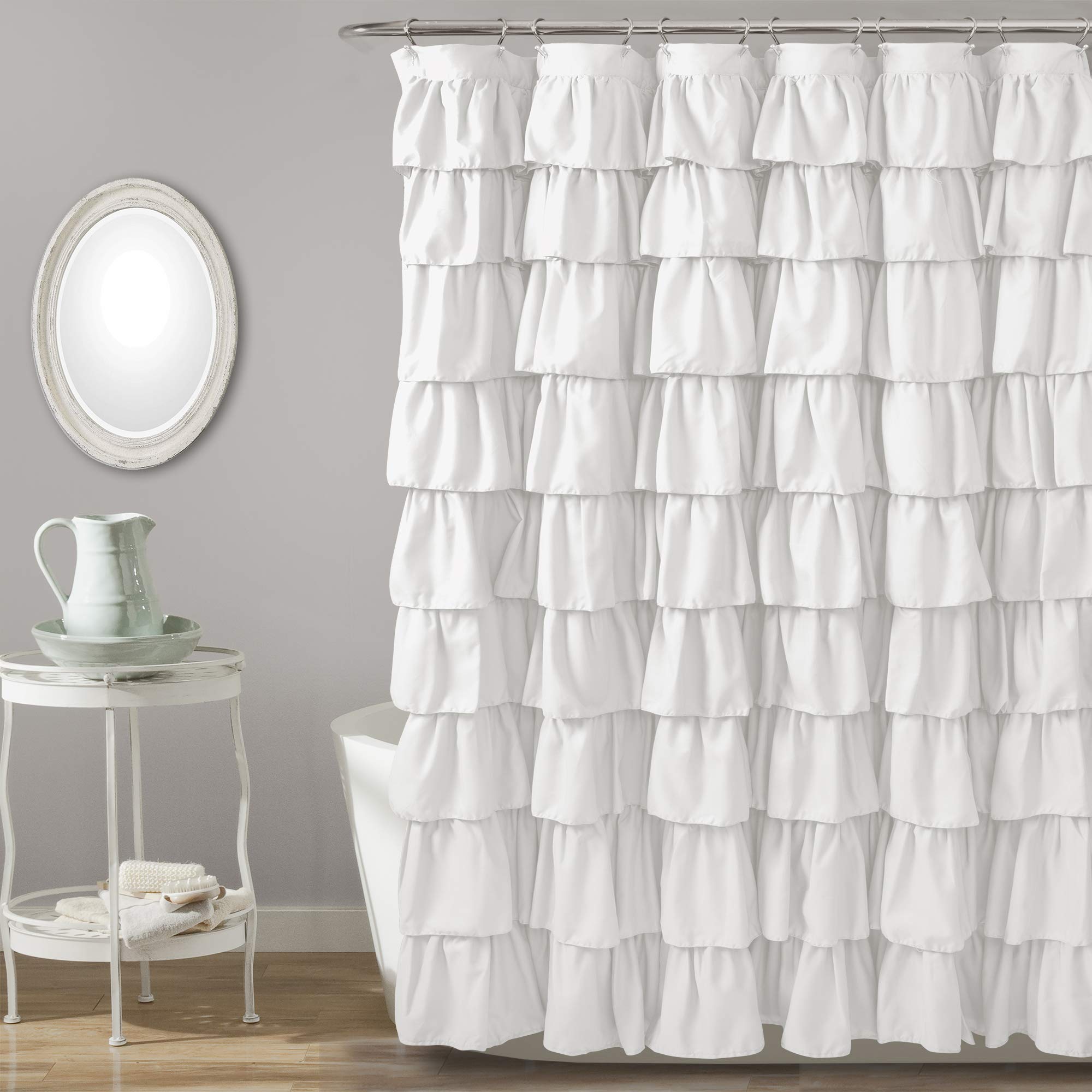 Lush Decor front view of white ruffle shower curtain showing feminine texture and clean style